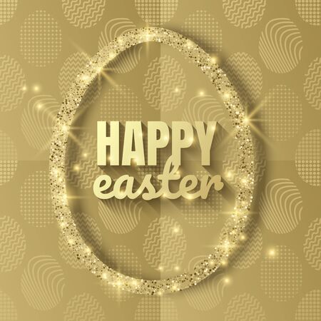Happy Easter banner with gold glitter egg frame. Gold sparkles on golden background, Vector eps 10 formatのイラスト素材