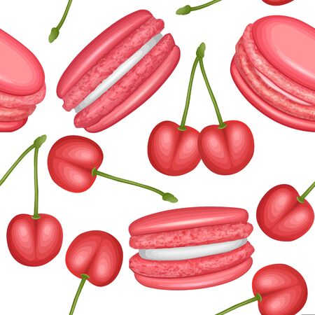 Cute seamless pattern with french cookies macaroons and cherries on white background. Suitable for packaging, fabric or napkins and menus decoration. Vector eps 10 illustration in cartoon styleのイラスト素材