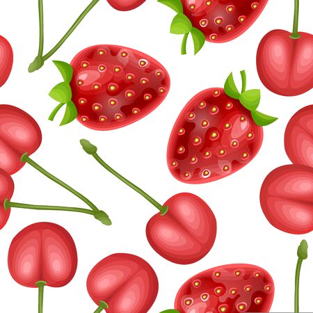 Cute seamless pattern with strawberry and cherries on white background. Suitable for packaging, fabric or napkins and menus decoration. Vector eps 10 illustration in cartoon styleのイラスト素材