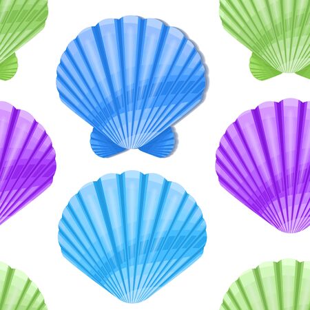 Seamless background design with colorful seashells on white background, Suitable for packaging fabric or napkins and menus decoration. Vector eps 10 formatのイラスト素材
