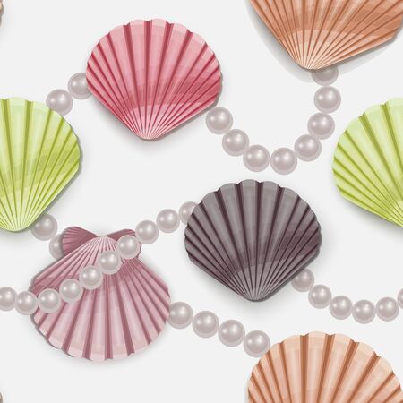 Beautiful seamless pattern of multicolored seashells with pearls. Vector illustration in cartoon style, Endless pattern suitable for packaging fabric or napkins and menus decorationのイラスト素材