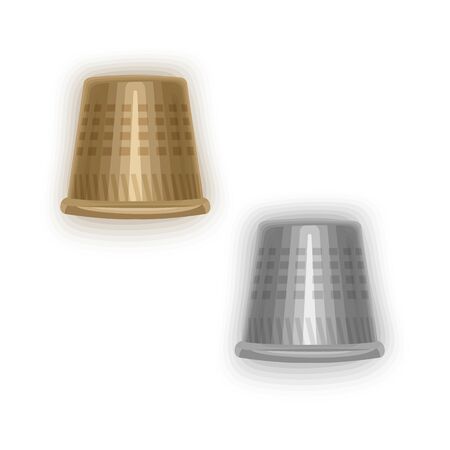 Set of isolated steel thimbles on a white background, golden and silver thimbles, Vector illustrationのイラスト素材