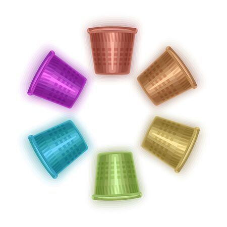 Set of isolated steel thimbles on a white background, multicolored thimbles, Vector illustrationのイラスト素材