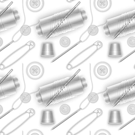 Seamless pattern with White thread, White buttons, needle and pin for clothes, white color texture, perfect for textile, Wallpaper, packaging, web pages, etc. Vector Illustrationのイラスト素材
