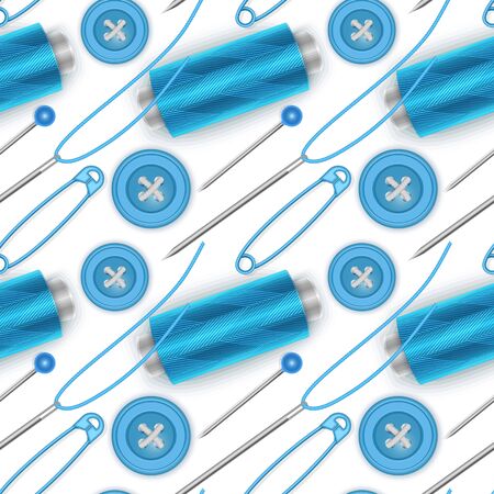 Seamless pattern with Blue thread, Blue buttons, needle and pin for clothes, bright color texture, perfect for textile, Wallpaper, packaging, web pages, etc. Vector Illustrationのイラスト素材