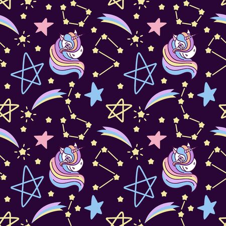 Hand drawn Seamless pattern with unicorns, pattern with cute unicorns, stars and space. Repetitive wallpaper on dark blue background. Perfect for fabric, wallpaper, wrapping paper or nursery decor. Vector illustrationのイラスト素材