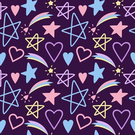 Colorful space seamless pattern  stars and hearts, Night sky hand drawn doodle astronomical background, Vector   illustrationのイラスト素材