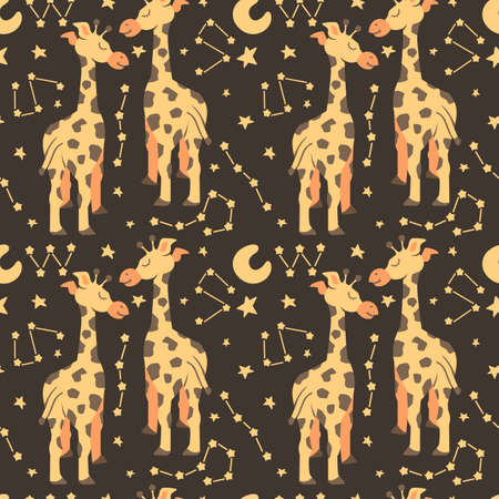 Seamless endless pattern featuring a giraffe surrounded by stars and constellations, good night illustration for childrenのイラスト素材