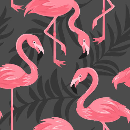 Seamless pattern, Tropical jungle palm tree leaves of black color and Pink exotic flamingo bird, texture on dark background. Vector  illustrationのイラスト素材