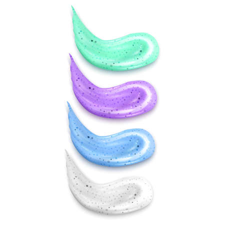 Colorful Cosmetic scrub, smears set isolated on white background. Beauty cosmetics peeling product for face care with cream or gel brush strokes Tube package design Realistic 3d vector illustrationのイラスト素材