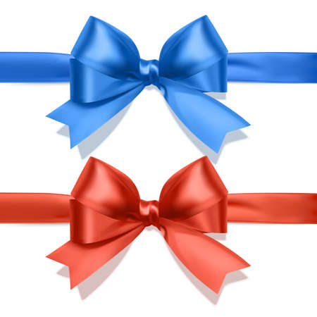 Set of realistic bows of red and blue colors for decoration of postcards, holiday boxes, etc., bows for decoration on a white background, vector eps 10 illustrationのイラスト素材