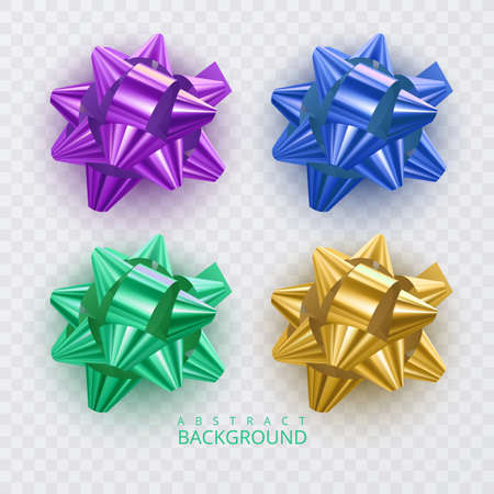 Set of realistic bows of orange, blue, yellow and green colors for decoration of postcards, holiday boxes, etc., bows for decoration on a white background, vector illustrationのイラスト素材