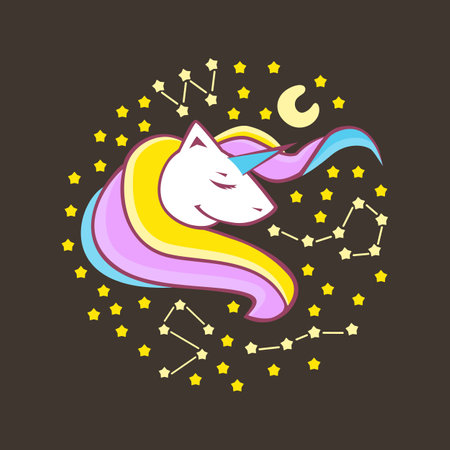 Cute Unicorn, funny unicorn surrounded by stars and constellations, illustration of character design, can be used for T-shirt printsのイラスト素材