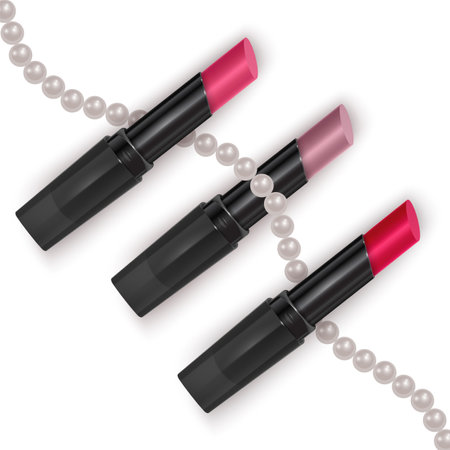 Set Realistic lipsticks with bright colors on white background, cosmetic Open tubes with cosmetics for women makeup, advertising poster for magazine, vectorのイラスト素材