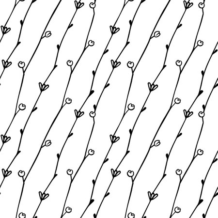 Seamless, endless pattern with hand-drawn scribbles of branches and flowers on a white background. Perfect for wrapping paper or rooms decor, vector illustrationのイラスト素材