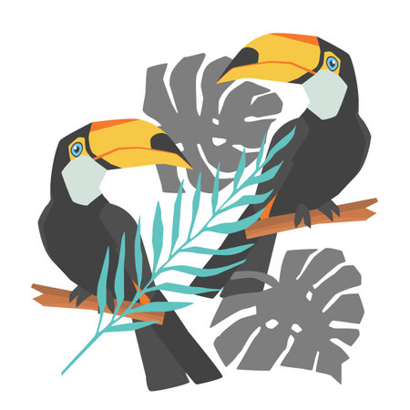 Seamless decorative pattern with toucan and tropical leaves. Hand drawn images. Trend of season on White background. Vector illustrationのイラスト素材