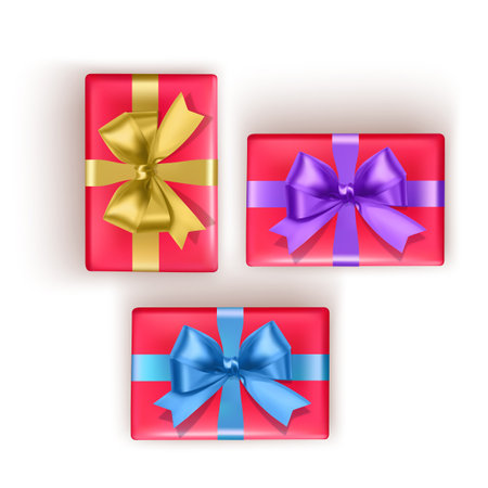 Set of colorful gift boxes with bows and ribbons. Vector illustrationのイラスト素材