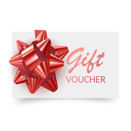Gift Voucher template with red bow, ribbons. Design usable for gift coupon, voucher, invitation, certificate, etc.のイラスト素材