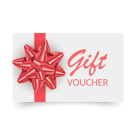Gift Voucher template with red bow, ribbons. Design usable for gift coupon, voucher, invitation, certificate, etc.のイラスト素材