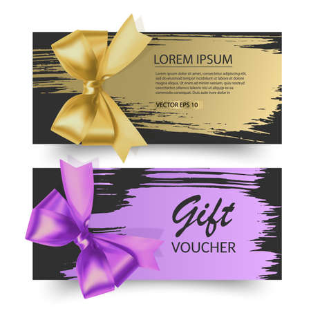 Set of gift cards, with dark background, decorated with a realistic bow and brush stroke. Vector illustrationのイラスト素材