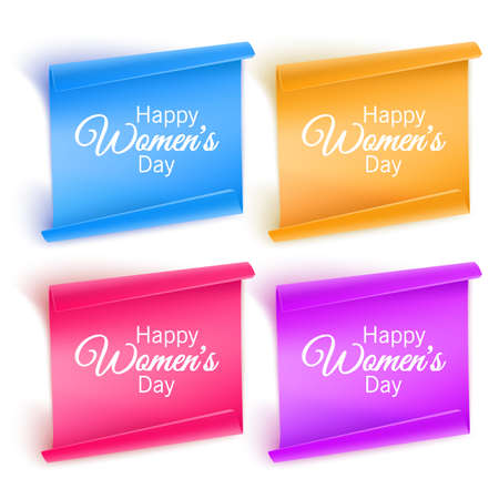 Set of paper banners with red, purple and orange colors banners with the wishes of a happy womens day, greeting cardsのイラスト素材
