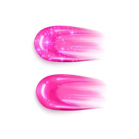 Illustration of a collection of strokes of liquid lipsticks, pink liquid lipstick with glitter texture on white background. Design elements for promotion of decorative cosmeticsのイラスト素材