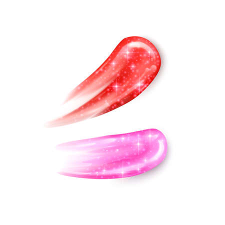 Illustration of a collection of strokes of liquid lipsticks, pink liquid lipstick with glitter texture on white background. Design elements for promotion of decorative cosmeticsのイラスト素材
