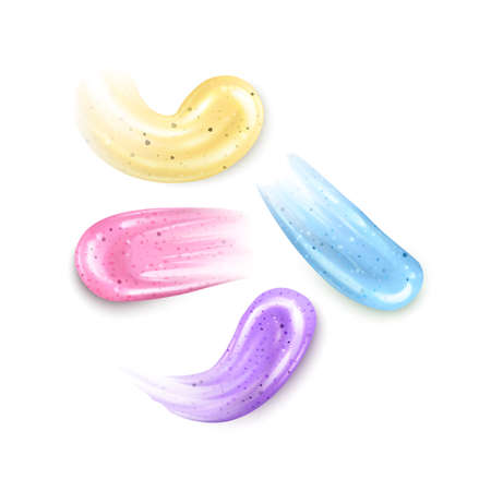 Set of scrub smears isolated on white background. Beauty cosmetics peeling product for face care with cream or gel brush strokes, Realistic 3d vector illustrationのイラスト素材