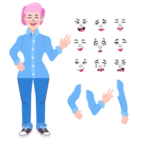 Collection of various poses and emotions of a young woman. Character of girl, illustration in cartoon style.のイラスト素材