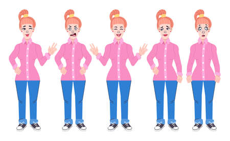 Collection of various poses and emotions of a young woman. Character of girl, illustration in cartoon styleのイラスト素材