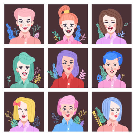 Set of young female characters. Cartoon style people icons. Isolated cartoon girls avatars. Flat cartoon illustration women faces. Hand drawn girlsのイラスト素材