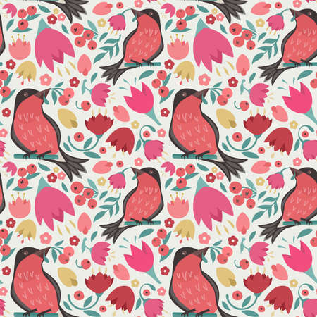 Seamless pattern. Birds and red flowers, vector illustrationのイラスト素材