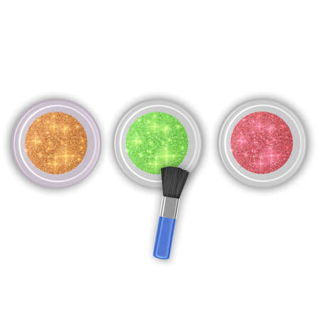 Set of Glitter jars of golden, red and green colors with realistic brush for makeupのイラスト素材