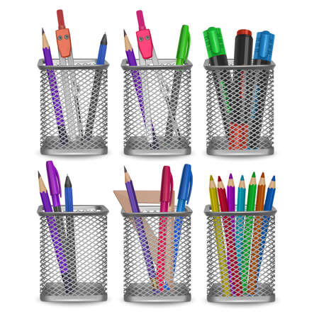 Office and stationery in the basket on white backgroundのイラスト素材
