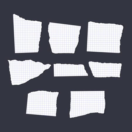 Ripped note of white color, notebook grainy paper strips stuck on grey backgroundのイラスト素材