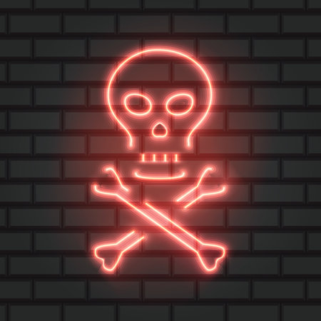 Skull and bones neon sign. Bright skull and crossed bones. Night bright advertisement, illustration in neon style for Halloween and bikers styleのイラスト素材