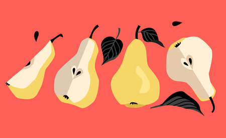 Yellow pears with black leaves, pears in a cartoon style, modern style