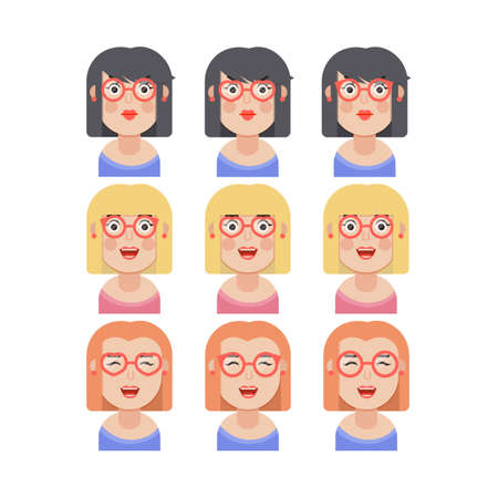 Set of woman's emotions. Facial expression. Girl Avatar, illustration in flat design, Vector formatのイラスト素材