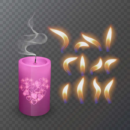 Realistic paraffin or wax burning candle and different flame of a candle, closeup isolated on transparency background. Design templateのイラスト素材