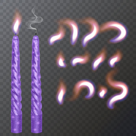Realistic paraffin or wax burning candle and different flame of a candle, closeup isolated on transparency background. Design templateのイラスト素材