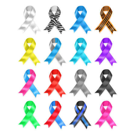 Symbolic ribbons - set of ribbons - prostate cancer Alzheimers Down syndrome breast cancer all cancers leukemiaのイラスト素材