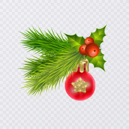 Holidays Background with Season Realistic Christmas Tree Branches Decorated with Berries and christmas tree toysのイラスト素材