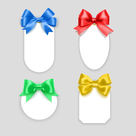 Tags with Colorful bows. Blank white price paper labels with Red ribbons for christmas, birthday or wedding packaging gift vector realistic isolated templates collectionのイラスト素材