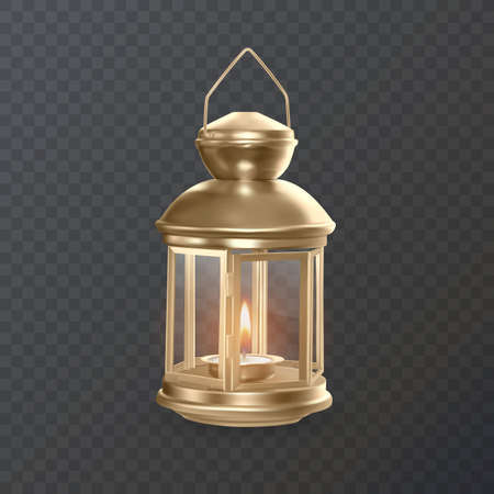 Isolated eastern lantern. Arab fanous or vintage fanoos, antique glowing lamp with candle or hanging muslim light for arabic holiday. Muslim and eastern holidayのイラスト素材