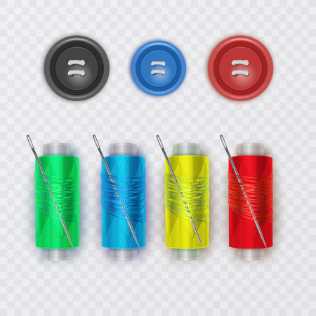 Realistic set of plastic bobbins, spools with colored thread isolated on background. Equipment for sewing, tailoring, accessory for needlework and clothing repairのイラスト素材