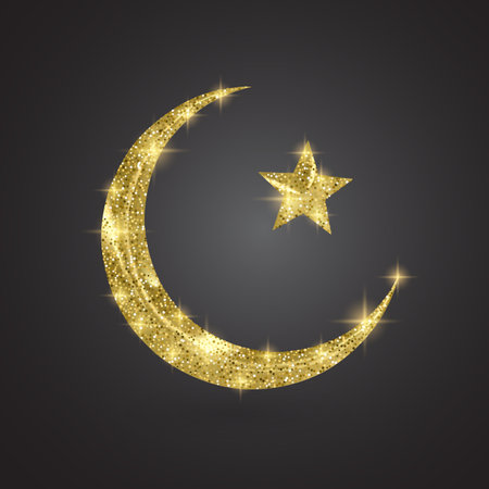 Crescent golden glitter moon on black background for holy month of Muslim community Ramadan Kareem.のイラスト素材