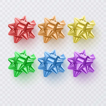 Set of bright gift bows, realistic. Accessory for gift wrapping. Top view. Vector formatのイラスト素材