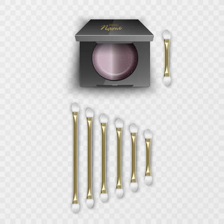 Vector MultiColored Brown Ocher Eye Shadows in square Plastic Case with Makeup Brushes Applicators Top View Isolated on Whiteのイラスト素材