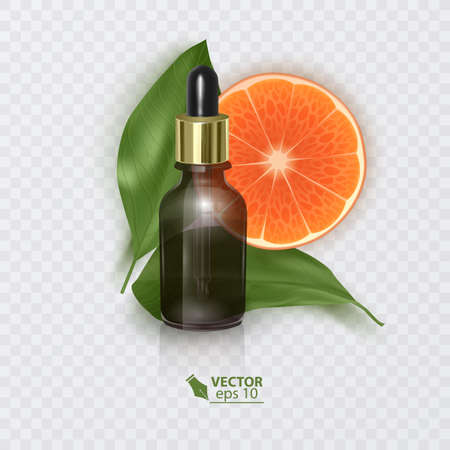Essential oil with oranges, Vitamin C, realistic 3d illustration. Hydration serum with oranges extract. Perfect for advertising, flyer, banner, poster.のイラスト素材