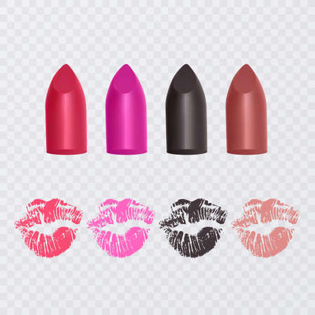 Set of color lipsticks. Red lipstick, pink lipstick, orange lipstick. Red lipstick set isolated on white backgroundのイラスト素材